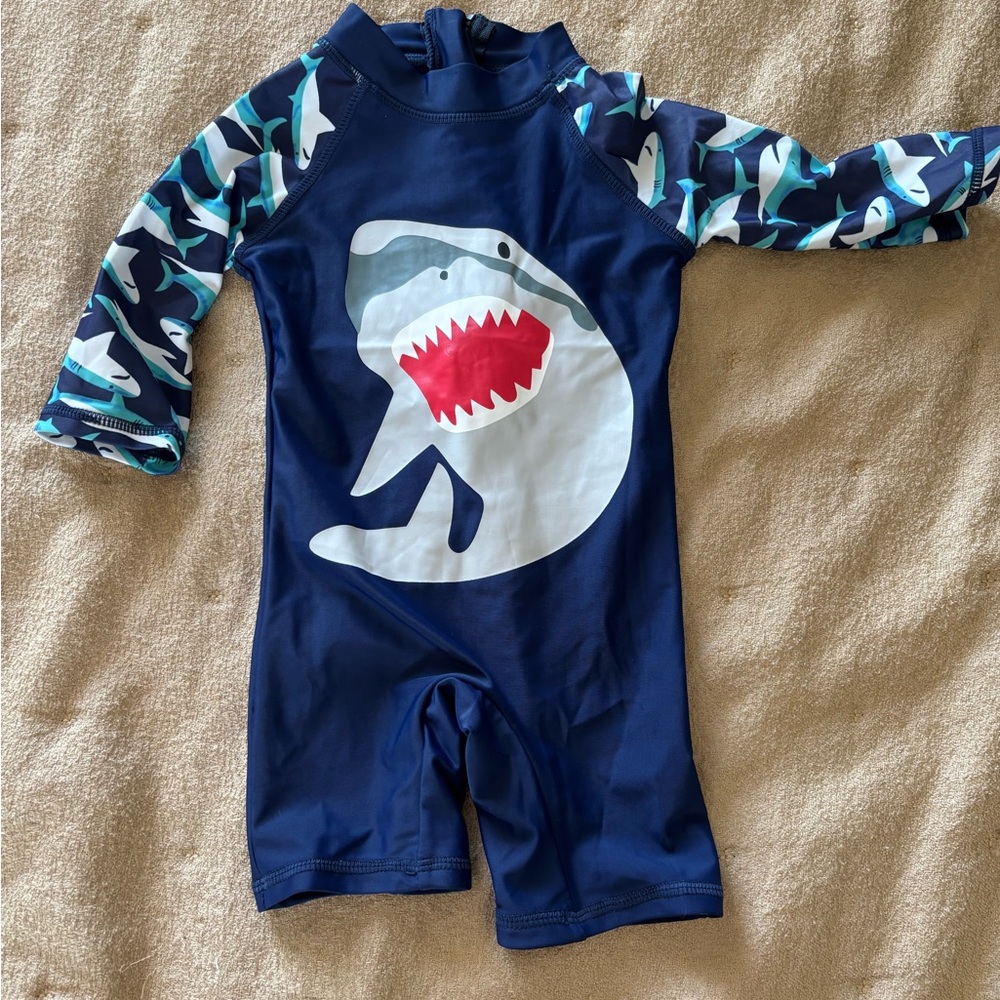 Kids Navy Shark Rashguard Suit - Blue/White